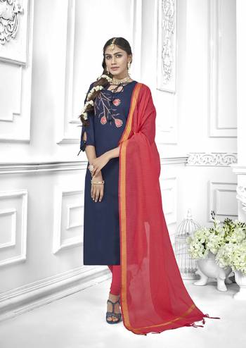 Here Is Very beautiful Dress Material In Navy Blue Color Paired With Old Rose Pink Colored Bottom and Dupatta. Its Top And Bottom are Cotton based Paired With Chanderi Fabricated Dupatta. Get This Stitched As Per Your Desired Fit And Comfort. 