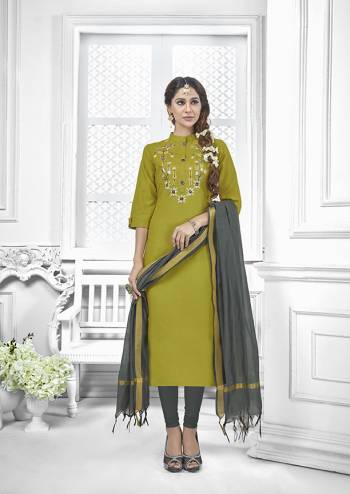 Flaunt Your Rich And Elegant Taste In This Lovely Color Pallete Designer Suit In Olive Green Colored Top Paired With Grey Colored Bottom And Dupatta. This Dress Material Is Cotton Based Paired With Chanderi Fabricated Dupatta. 