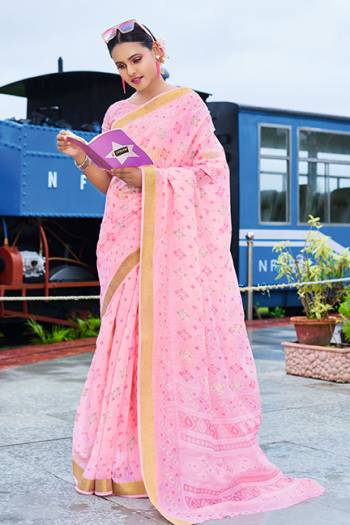 Add This Pretty Saree To Your Wardrobe For Your Semi-Casual Wear, This Lovely Light Pink Colored Saree And Blouse Are Fabricated Cotton Chiffon. Its Fabric Is Soft Towards Skin And Easy To Carry All Day Long. 