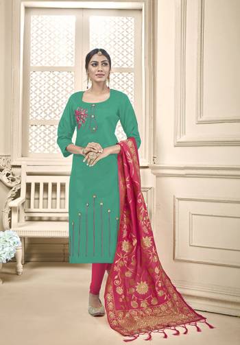 If Those Readymade Suit Does Not Lend You The Desired Comfort Than Grab This Designer Dress Material And Get This Stitched As Per Your Desired Fit And Comfort, Its Top Is In Sea Green Color Paired With Contrasting Dark Pink Colored Bottom And Dupatta