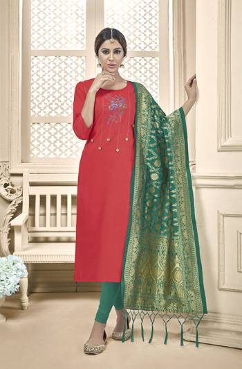 Here Is Very beautiful Dress Material In Crimson Red Color Paired With?Teal Green Colored Bottom and Dupatta. Its Top And Bottom are Cotton based Paired With Banarasi Silk Fabricated Dupatta. Get This Stitched As Per Your Desired Fit And Comfort.