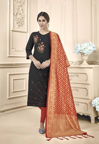 Flaunt Your Rich And Elegant Taste In This Lovely Color Pallete Designer Suit In Black Colored Top Paired With Red Colored Bottom And Dupatta. This Dress Material Is Cotton Based Paired With Banarasi Silk Fabricated Dupatta.