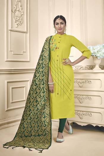 Here Is Very beautiful Dress Material In Pear Green Color Paired With?Pine Green Colored Bottom and Dupatta. Its Top And Bottom are Cotton based Paired With Banarasi Silk Fabricated Dupatta. Get This Stitched As Per Your Desired Fit And Comfort.