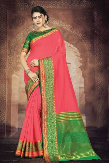 Simple And Elegant Silk Based Saree For Your Casual Or Semi-Casual Wear In Old Rose Pink Color Paired With Contrasting Green Colored Blouse. This Saree Is Light In Weight And easy To Carry all Day Long.