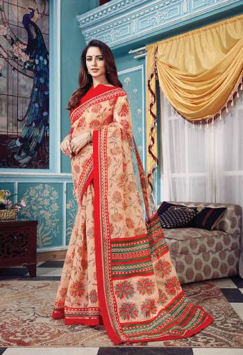 Look Pretty In This Lovely Floral Printed Saree In Peach Color Paired With Red Colored Blouse. This Saree Is Fabricated On Super Net Paired With Red Colored Blouse. It Is Light In Weight And Easy To Carry All Day Long. 