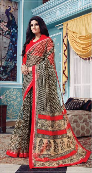 For Your Casual Or Semi-Casual Wear, Grab This Printed Saree In Black Color Paired With Red Colored Blouse. This Saree Is Super Net Based Paired With Art Silk Fabricated Blouse. Buy Now. 