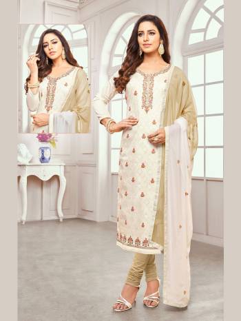 Simple And Elegant Looking Designer Dress Material Is Here In Off-white Colored Top Paired With Beige Colored Bottom And Shaded Dupatta In Off-White And Beige. Its Embroidered Top Is Silk Based Paired With Cotton Bottom And Chiffon Fabricated Dupatta. 