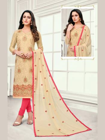 Add This Pretty Dress Material To Your Wardrobe In Beige Colored Top And Dupatta Paired With Dark Pink Colored Bottom. Its Top Is Cotton Satin Based Paired With Cotton Bottom And Chiffon Fabricated Dupatta.  