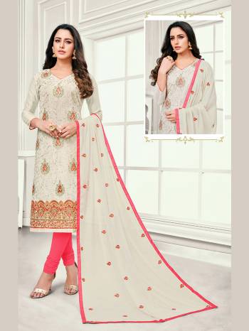 Add This Pretty Dress Material To Your Wardrobe In Off-White Colored Top And Dupatta Paired With Dark Pink Colored Bottom. Its Top Is Cotton Satin Based Paired With Cotton Bottom And Chiffon Fabricated Dupatta.  