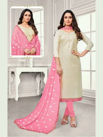 Add This Pretty Dress Material For Your Casual Wear In Off-White Colored Top Paired With Pink Colored Bottom And Dupatta. Its Top Is Fabricated On Satin Cotton Paired With Cotton Bottom And Chiffon Fabricated Dupatta. Buy Now.