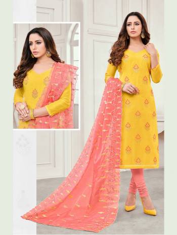 You Will Definitely Earn Lots Of Compliments Wearing This Designer Straight Suit In Yellow Color Paired With Contrasting Dark Peach Colored Bottom And Dupatta. This Dress Material Is Cotton based Paired With Orgenza Fabricated Dupatta. 