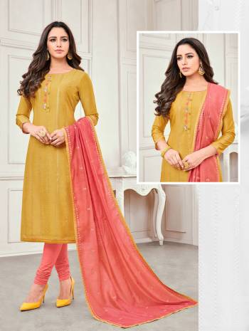 Here Is A Designer Straight Suit In Musturd Yellow Colored Top Paired With Old Rose Pink Colored Bottom And Dupatta. Its Top And Dupatta are Satin Cotton Based Paired With Cotton Fabricated Bottom. Buy This Dress Material Now.