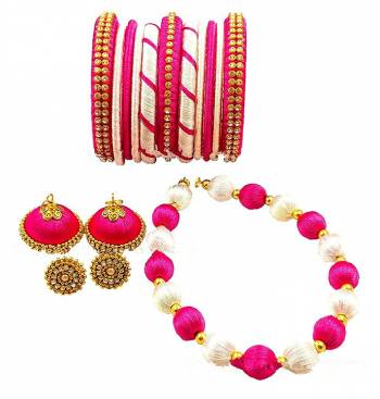 Grab This Beautiful Set Of Necklace Which Comes With A very Pretty?Pair Of Earrings And Bangles Set. This Pretty set Is Made With Resham Thread Beautified With Stone Work. It Can Be Paired With Any Same Or Contrasting Colored Ethnic Attire.