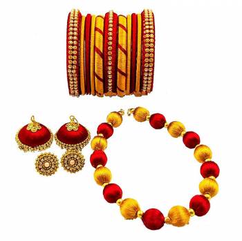 Grab This Beautiful Set Of Necklace Which Comes With A very Pretty?Pair Of Earrings And Bangles Set. This Pretty set Is Made With Resham Thread Beautified With Stone Work. It Can Be Paired With Any Same Or Contrasting Colored Ethnic Attire.