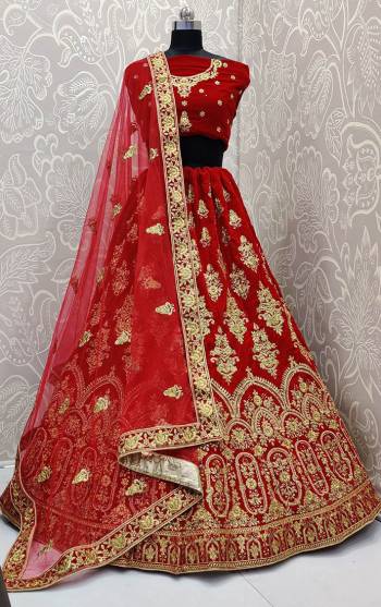 Get Ready For Your D-Day With This Very Beautiful And Heavy Designer Lehenga Choli In Red Color. This Heavy Embroidered Lehenga Choli Is Fabricated On Velvet Paired With Net Fabricated Dupatta. Its Rich Fabric And Heavy Detailed Embroidery Will Give An Attractive Look To Your Personality. 