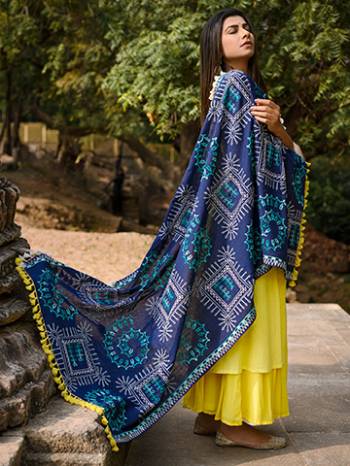 Wrap it as a shawl in winters, Wear it as a dupatta on your plain punjabi kurtas And wear it on your ethnic dresses.  It Is decorated with fancy dazzling laces and cotton tassel laces, hand dyed in different shades. The intricate big motif heavy embroidery tribal designs makes it unique and a complete handicraft product.