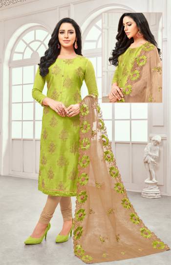 Here Is A Very Pretty Designer Dress Material In Green Colored Top Paired With Beige Colored Bottom And Dupatta. Its Embroidered Top Is Fabricated On Satin Cotton Paired With Cotton Bottom And Oragenza Fabricated Embroidered Dupatta. 