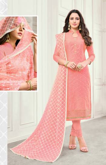 Flaunt Your Rich And Elegant Taste Wearing This Designer Suit In All Over Pink Color. Its Top IS Satin Cotton Based Paired With Cotton Bottom And Net Fabricated Embroidered Dupatta. Buy Now.