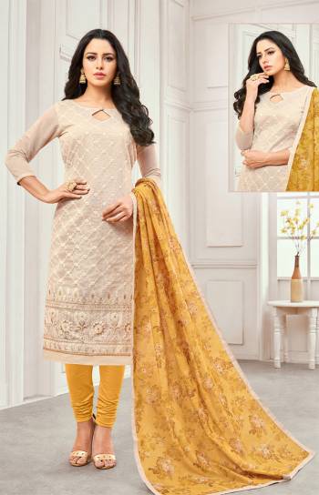 You Will Definitely Earn Lots Of Compliments Wearing This Pretty Suit In Cream Colored Top Paired With Musturd Yellow Colored Bottom And Dupatta. This Dress Material Is Cotton Based Beautified With Prints And Embroidery. Get This Stitched As Per Your Desired Fit And Comfort. 