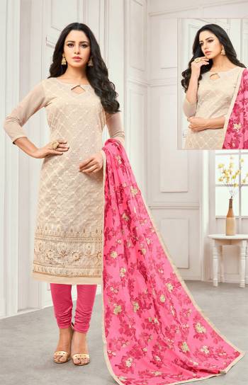 You Will Definitely Earn Lots Of Compliments Wearing This Pretty Suit In Cream Colored Top Paired With Dark Pink Colored Bottom And Dupatta. This Dress Material Is Cotton Based Beautified With Prints And Embroidery. Get This Stitched As Per Your Desired Fit And Comfort. 