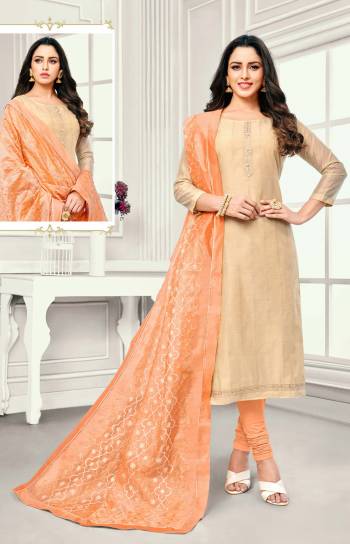 Flaunt Your Rich And Elegant Taste In This Subtle Color Pallete Dress Material In Beige Colored Top Paired With Orange Colored Bottom And Dupatta. Its Top and Dupatta Are Satin Cotton Based Paired With Cotton Fabricated Bottom. Buy This Dress Material Now.