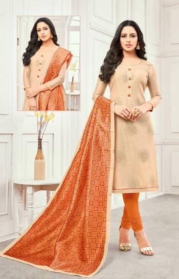 Simple And Elegant Looking Straight Suit Is Here In Cream Colored Top Paired With Orange Colored Bottom And Dupatta. This Dress Material Is Cotton Based Beautified With Prints And Embroidery. Buy Now.