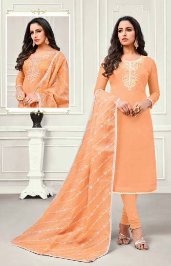 Look Pretty In This Designer Embroidered Suit In all Over Light Orange Color. Its Top And Dupatta are Fabricated On Chanderi Cotton Paired With Cotton Bottom. Buy This Dress Material Now And Get This Stitched As Per Your Desired Fit And Comfort. 