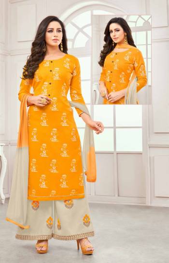 You Will Definitely Earn Lots Of Compliments Wearing This Designer Straight Suit In Musturd Yellow And Pale Grey Color. This Pretty Dress Material Is Soft Cotton Based Paired With Chiffon Fabricated Dupatta. 