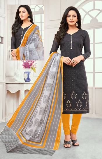 Look Pretty In This Designer Embroidered Suit In Dark Grey And Musturd Yellow Color. Its Top And Dupatta are Fabricated On Chanderi Cotton Paired With Cotton Bottom. Buy This Dress Material Now And Get This Stitched As Per Your Desired Fit And Comfort. 