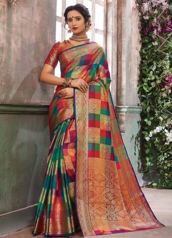 Go Colorful With This Designer Silk Based Saree In Multi Color. This Saree And Blouse Are Fabricated On Banarasi Art Silk Beautified With Multi Colored Checks And Heavy Weave All Over. Buy Now