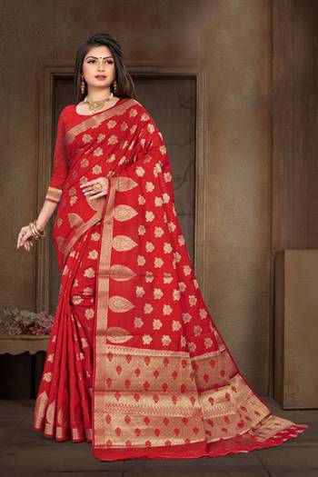 Celebrate This Festive Season Wearing This Saree In Red Color?Paired With Red Colored Blouse. This Saree And Blouse Are Art Silk Based Beautified With Weave