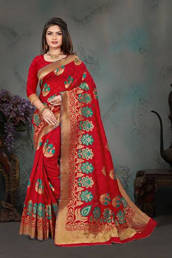 Grab This Pretty Foil Printed Designer Saree In Red Color Paired With Blue Colored Blouse, This Saree And Blouse Are Fabricated On Nylon Art Silk. Its Rich Fabric And Attractive Weave Will Earn You Lots Of Compliments From Onlookers. 