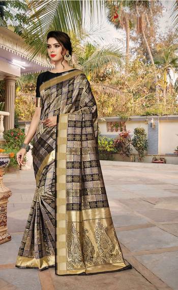 Adorn A Bold And Beautiful Look Wearing This Checkered Patterned Designer Saree In Black And Grey Color Paired With Black Colored Blouse. This Saree Is Fabricated On Jacquard Silk Paired With Art Silk Fabricated Blouse. Buy Now.