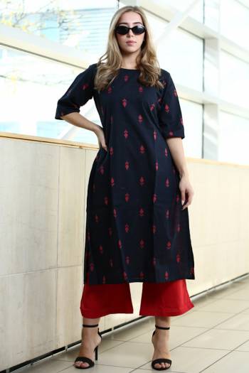 Simple And Elegant Kurta Set Is Here In Navy Blue Colored Kurti Paired With Red Colored Plazzo. This Kurti Is Fabricated On Organic Cotton Paired With Khadi Fabricated Bottom. Buy This Readymade Pair Now.