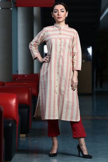 Grab This Readymade Lining Printed Kurti In White And Pink Color Fabricated On Organic Cotton Paired With Red Colored Khadi Fabricated Bottom. Both Its Fabric Are Light Weight And Easy To Carry All Day Long. 