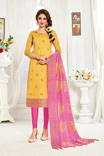 Look Pretty In This Simple And Elegant Looking Straight Suit In Yellow And Pink Color. This Dress Material Is Banarasi Art Silk Based Paired With Cotton Fabricated Bottom. Buy This Pretty Piece Now.