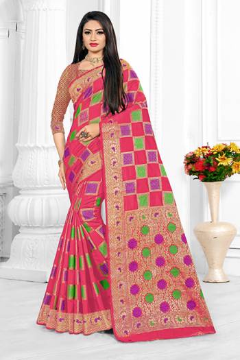 Adorn A Bold And Beautiful Look Wearing This Checkered Patterned?Designer Saree In Dark Pink Color. This Saree Is Fabricated On Cotton Silk Paired With Art Silk Fabricated Blouse. Buy Now.