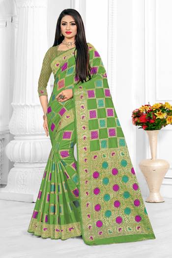 Adorn A Bold And Beautiful Look Wearing This Checkered Patterned?Designer Saree In Green Color. This Saree Is Fabricated On Cotton Silk Paired With Art Silk Fabricated Blouse. Buy Now.