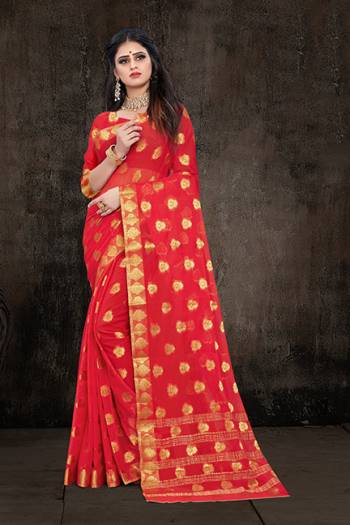 Here Is A Pretty Weaved Saree In Red Color. This?Saree Is Fabricated On Chiffon Paired With Art Silk Fabricated Blouse. It Is Beautified With Attractive Weave All Over. Also It Is Light In Weight And Easy To Carry All Day Long. 