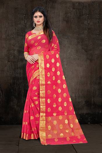 Here Is A Pretty Weaved Saree In Pink Color. This?Saree Is Fabricated On Chiffon Paired With Art Silk Fabricated Blouse. It Is Beautified With Attractive Weave All Over. Also It Is Light In Weight And Easy To Carry All Day Long. 