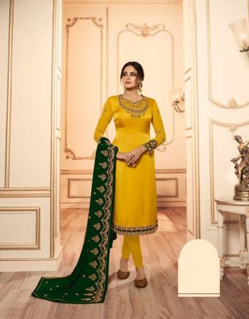 Get Ready For The Upcoming Festive And Wedding Season With This Designer Two In One Indo Western Suit In Yellow And Dark Green. This Its Embroidered Top Is Georgette Satin Based Paired With Santoon Bottom And Georgette Fabricated Lehenga And Dupatta. 