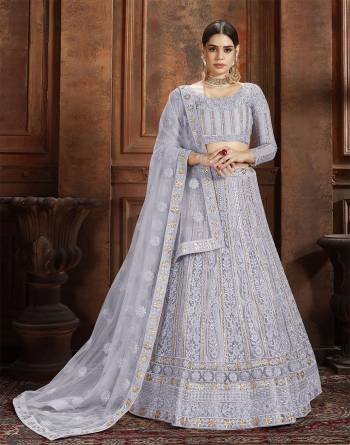 Flaunt Your Rich And Elegant Taste Wearing This Heavy Designer Lehenga Choli In Grey Color. This Beautifully Embroidered Heavy Lehenga Choli And Its Dupatta Are Fabricated On Net. Its Elegant Color And Detailed Embroidery Will Earn You Lots Of Compliments From Onlookers. 