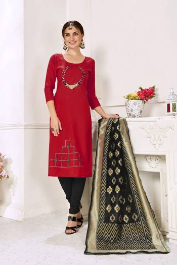 Flaunt Your Rich And Elegant Taste In This Lovely Color Pallete Designer Suit In Red Colored Top Paired With Black Colored Bottom And Dupatta. This Dress Material Is Cotton Based Paired With Jacquard Silk Fabricated Dupatta.?