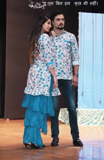 Grab This Special Combo Of Men And Women In White And Blue Color Which Is Fully Stitched And Available In All Regular Sizes. In This Combo You will Be Getting A Kurti And Sharara With Matching Men's Wear Shirt. All Three Pieces Are Cotton Based Which Is Light Weight, Durable And Easy To Carry Throughout The Gala. Buy Now.