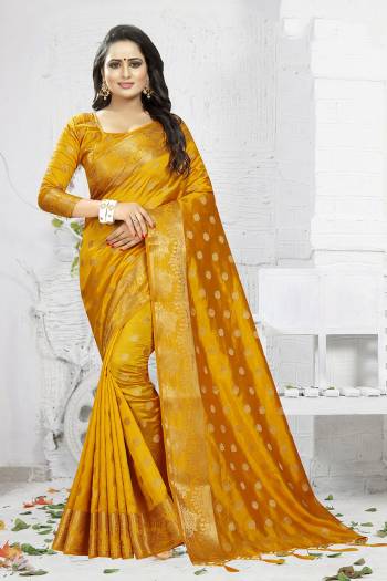 Celebrate This Festive Season Wearing This Designer Silk Based Saree In Musturd Yellow Color. This Saree And Blouse Are Fabricated On Banarasi Art Silk Beautified With Weave. It Is Light Weight, Durable And Easy To Carry All Day Long. Buy Now.