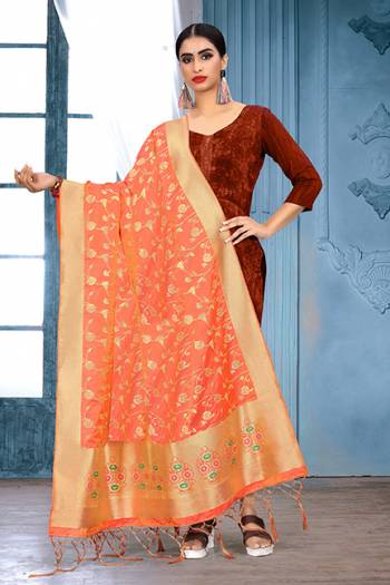 Enhance Your Look of gown and lehenga choli Or A Simple Kurti With Latest Trends Of Banarasi Dupatta Beautified With Attractive Weave All Over. You Can Pair This Up With Any Kind Of Ethnic Attire And In Same Or Contrasting Colored Attire