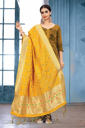 Enhance Your Look of gown and lehenga choli Or A Simple Kurti With Latest Trends Of Banarasi Dupatta Beautified With Attractive Weave All Over. You Can Pair This Up With Any Kind Of Ethnic Attire And In Same Or Contrasting Colored Attire