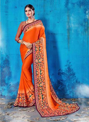 For Your Semi-Casual Wear, Grab This Pretty Saree In Orange Color Paired With Gold And Dark Pink Colored Blouse. This Saree And Blouse Are Fabricated On Soft Silk Beautified With Prints All Over. This Saree Is Light Weight, Soft Towards Skin And Easy To Carry All Day Long. 