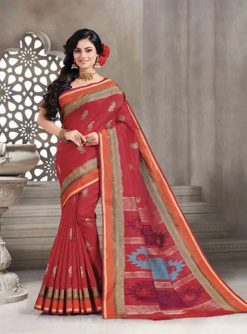 Celebrate This Festive Season With Beauty And Comfort Wearing This Pretty Saree In Red Color Paired With Purple Colored Blouse. This Saree And Blouse Are Fabricated On Handloom Silk Which Is Light Weight, Durable And Easy To Carry All Day Long. 