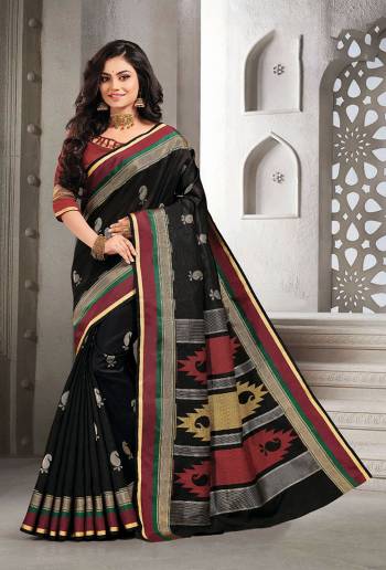 Celebrate This Festive Season With Beauty And Comfort Wearing This Pretty Saree In Black Color Paired With Red Colored Blouse. This Saree And Blouse Are Fabricated On Handloom Silk Which Is Light Weight, Durable And Easy To Carry All Day Long. 